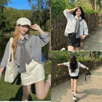 Sumiishop Áo sơ mi kẻ kèm khăn thủy thủ chất thô chữ thêu mã SM11