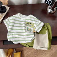 Summer Boys 2025 Áo thun cổ tròn tay ngắn cá sấu ba chiều thêu sọc mới + Quần Short ghép thời trang Bộ hai mảnh
