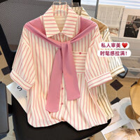 Summer Shawl Striped Fake Two Pieces Minority Fashion plus Size Short Sleeve Sense of Design Shirt New Top All-Matching2023