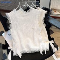 Sun 2025 Mùa Hè Không Tay Cổ Tròn Ren Nơ Slim Vest Nữ Phù Hợp Với Màu Trơn Áo VN