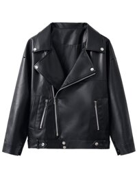 Sungtin Women's Classic Motorcycle Biker Faux Leather Jacket Loose Coat with Two Pockets