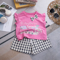 Sun&Moon. Bộ thun bé gái đùi caro nơ màu hồng/socola