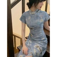 Sườn xám cách tân nữ hán phục đầm sườn xám truyền thống xanh hoa vạt chéo mùa hè từ 45--70 kg