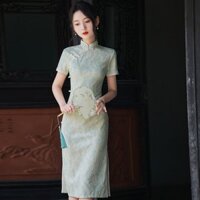 Sườn Xám Cải Tiến Sườn Xám 2025 Mùa Hè Mới Bé Gái Trẻ Dài Ren Xanh Cao Cấp Đầm Ôm-fit