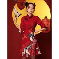 Sườn xám đỏ đen trang phục chụp hình