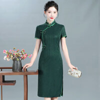 Sườn Xám Trung Quốc Mới Nữ Xanh Cải Tiến Thoáng Mát Jacquard Co Giãn Thời Trang Retro Mẹ Mặc Váy Sườn Xám / / 2.28