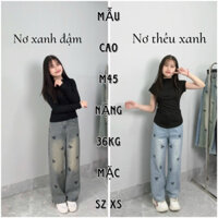 (SUÔNG NẤM LÙN) QUẦN JEANS NỮ THÊU NƠ FULL TOÀN THÂN MÀU XANH BỤI ( 9 tấc - 90cm )