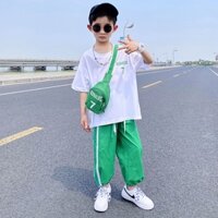 SUPER KIDS Set Áo Thun Tay Ngắn + Quần short Màu Sắc Tương Phản Phong Cách Hàn Quốc Cho Bé Trai