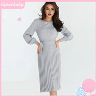 (Superbaby) Váy áo len Midi Slim Fit Đầm mùa thu thanh lịch Váy len dệt kim nữ có thắt lưng ôm vừa vặn Chiều dài Midi màu trơn cổ tròn dài tay thiết kế xếp li