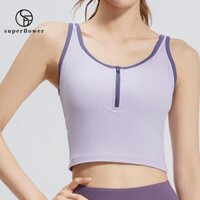 Superflower Push Up Áo ngực thể thao dành cho nữ: Áo Vest khối màu có dây kéo sọc Racerback Yoga Vest có cốc chống sốc