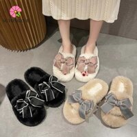 Sutongxue Bow Dép lông tơ mùa đông, Dép đi trong nhà Dép sang trọng mềm mại phong cách Hàn Quốc, Kaki thoải mái / Màu be / Đen Nơ Thời trang Dép lông ấm áp Mùa thu đông