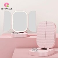 Sutongxue Gương trang điểm gấp ba lần, Gương trang điểm phóng đại 1x / 2x / 3x có đèn LED, có núm làm sạch ống kính tiếp xúc Công tắc gương mỹ phẩm di động