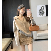 SUXI Áo len dệt kim dài tay dáng rộng mùa đông + Váy ngắn lưng cao 241212