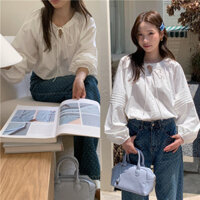 Suxi Hàn Quốc Sang Trọng Tối Giản Màu Trơn Retro Rời Dài Tay Babydoll Áo Sơ Mi Nữ 240915