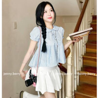 Suzy Top - Áo kiểu nữ babydoll cổ sen đính nơ dáng ngắn áo sơ mi nữ