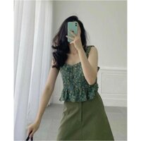 SV009 Set áo 2 dây to croptop hoa nhí viền bèo Bộ quần áo hai dây cài cúc hè thu đi chơi nữ tính