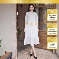 SWANLAKE | Váy Đầm Suông Maxi Xếp Ly Xòe Vải Tơ Có Túi Thêu Hoa Cổ Tròn Thắt Nơ Tay Bí Lỡ - D09551