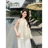 Swans Sét áo Cổ Yếm Tơ San Hô Đính Nơ + Quần Ống Rộng - D0882