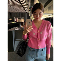 Sweater jacket nữ cardigan pink slim-fit v-neck sweater 2023 new style autumn long-sleeved knitted cardi