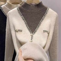 sweater wool sweater women's cardigan Áo len lông cừu tích hợp dày cổ nửa cao dành cho kỳ nghỉ mùa đông dành cho nữ, hai mảnh áo lót dệt kim dài tay, và lông cừu