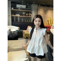 Sweet Flying Sleeves Top Women's New Shirt Shirt Fresh Lace-up Fashionable Slimming Wooden Ear Summer Loose