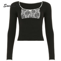 Sweeticme Áo Nữ 2025 Thời Trang Mới Ren Cổ Chữ U Dài Tay Nơ Áo Thun Ngọt Ngào