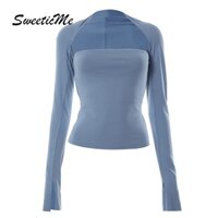 Sweeticme women's 2023 new fashion solid color long sleeve causal sexy two pieces t-shirt
