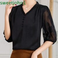 Sweetjohn Áo thun ren hoa, Lưới trong suốt Áo sơ mi hoa ngọt ngào, Thời trang mỏng cổ chữ V Sheer Tee Áo ngắn tay mùa hè