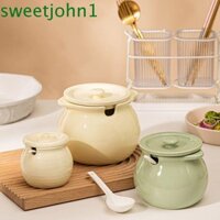 Sweetjohn Lọ gốm sứ, Chai gia vị gốm dung tích lớn chịu nhiệt độ cao, Hộ gia đình chống bụi có thể tái sử dụng có nắp Thìa Lọ gia vị Muối / Đường