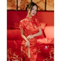 Sx830- Áo dài đỏ trung hoa cách tân sườn xám cổ tàu họa tiết xẻ tà du xuân - cosplay sexy cô gái trung hoa -Helena