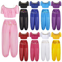 Sxiwei Nữ Belly Dance Trang Phục Puff Tay Ngắn Crop Top Với Side Split Sequins Bloomers Quần Cho Sân Khấu Biểu Diễn Tiệc Chủ Đề Halloween