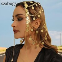 Szxbogs Đầu Ả Rập Trang Sức, Mũ Đội Đầu Tua Rua Màu Vàng Dây Xích, Trang Sức Tóc Đĩa Tua Rua Nhiều Lớp Nữ Băng Đô Nữ