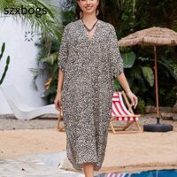 Szxbogs Kem chống nắng mùa hè Smock, Váy bơi dài cổ chữ V, Bộ đồ tắm thường ngày đi biển Áo sơ mi đi biển rộng rãi dành cho nữ
