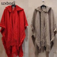 Szxbogs Nữ Tua Rua Cape, Mùa Đông Ấm Áp Sọc Có Mũ Trùm Đầu Khăn Choàng Dệt Kim, Áo Khoác Nữ Bohemian Quấn Khăn Khăn Áo Khoác