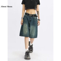 T Hợp Thời Trang Phong Cách Hồng Kông Mỹ Retro Tất Cả Trận Đấu Quần Short Denim Thẳng Nam Nữ Mùa Hè Rời Dopamine Đau Khổ Quần Crop