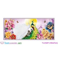 [T-LV3257]Tranh thêu chữ thập Con công Uyên ương thưởng nguyệt (100x47cm)