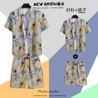 T Thái Lan Bangkok Cặp Đôi Mặc Nam Nữ 3.36 Tay Ngắn Đi Biển Rời Hoa Áo Sơ Mi Top Set Một Bộ Quần Short Chống Nước Lễ Hội