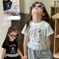 T TIINGXUYU Bé Gái Phong Cách Hàn Quốc Thời Trang Cổ Tròn Tay Ngắn Mùa Hè Phong Cách Mới Thường Ngày Ren Cạnh Hoạt Hình Top Bé Mùa Hè