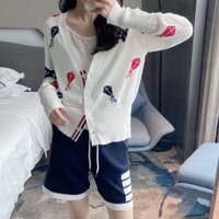 T0OG Thom Browne Spring and Summer New Ice Silk Full Printed Kite Jacquard Knitted Cardigan Women's Short Air-Conditioner Shirt Coat Shawl Sun Protection Clothing