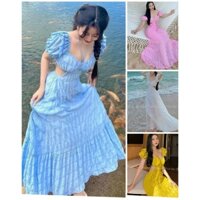 T11 Đầm maxi hồng chạy moking hở lưng thắt dây cổ dáng xòe đi biển có mút ngực xốp chỉ trắng xanh