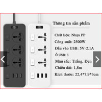 [T14] Ổ cắm điện đa năng POWER SOCKET model TB-T14, 3 ổ cắm,2500W, USB 3 cổng, sạc nhanh 5V- 2.1A, nhựa PP chống cháy.