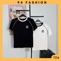 T316 Áo thun nam tay ngắn cổ tròn vải cotton phối viền cổ màu đen màu trắng Menswear Top 94 FASHION