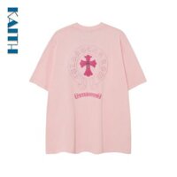 #T56 Cổ Tròn Cotton Plus Kích Thước Hàn Quốc Vintage Graphic Tee Phổ Biến Hồng Chữ Thập Miếng Dán Bạc Logo Unisex Dạo Phố Ngựa Tiếng Phạn Chữ Thêu Áo Thun Nam