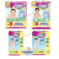 Tã Quần Bobby Siêu Đại Size M74,L68,XL62,XXL56 tặng 8 Miếng Mẫu Mới Lõi Nén Thần Kỳ 3mm
