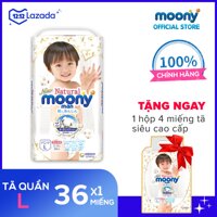 Tã/bỉm quần Siêu cao cấp Moony Natural L - 36 miếng (9-14kg) bề mặt bông 100% cotton organic - Tặng thêm hộp 4 miếng tã quần L