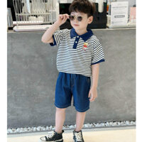 [TABY] Set cộc polo kẻ in hình gấu cute vải cotton thoáng mát phối quần jean cá tính cho bé từ 9-30kg 24B015