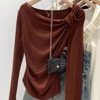 Tách Màu Sắc Thiết Kế Giặt Cảm Thấy Nữ Tính Xếp Ly Cổ Tròn Thắt Nút Áo Thun Dài Tay Nữ 2024 Đầu Thu Phong Cách Phương Tây Áo Sơ Mi Đáy Top Sản Phẩm Mới100312