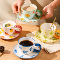 Tách trà, tách cà phê kèm đĩa sứ, cốc sứ, cốc, cốc có quai, ly sứ uống trà kèm đĩa họa tiết vẽ tay, tách dung tích 275m