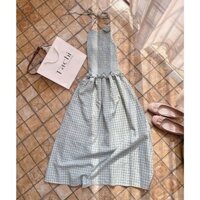 (T'achi) Đầm maxi caro xanh mint cộc tay cổ yếm nhún thân
