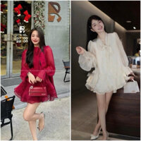 (T’achi) Set áo babydoll voan đỏ cổ cột nơ tay bo kèm quần short